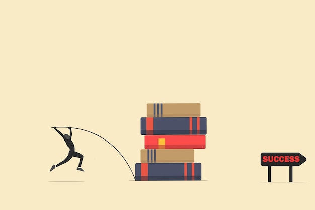 Empresario salta libros para la graduación concepto de éxito nivel de educación y desarrollo de habilidades