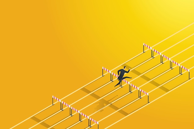 Empresario saltando más alto sobre el obstáculo superar el riesgo de obstáculo Aspiración de la carrera empresarial alta