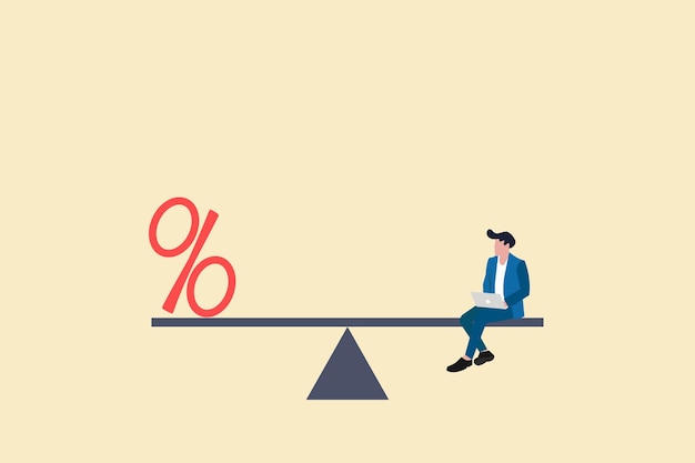 Empresario sentado en un balancín con un concepto de símbolo de porcentaje de optimización del equilibrio financiero y presupuesto de ahorro