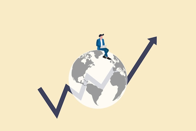 Vector empresario sentado en el gran globo con gráfico financiero oportunidad de negocio comercio bursátil y análisis financiero