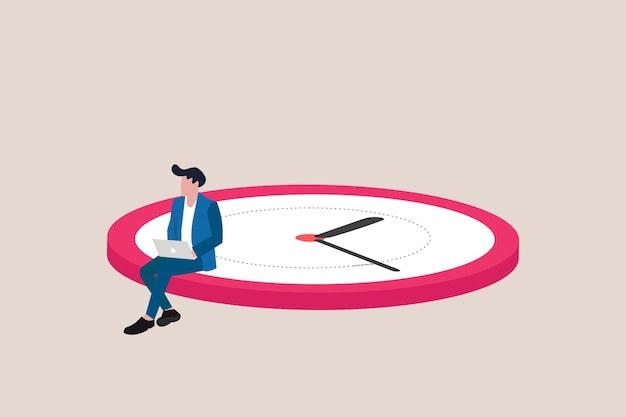Empresario sentado en relojes organizando tareas de planificación de tiempo y programación Concepto de autoorganización efectiva y control de gestión