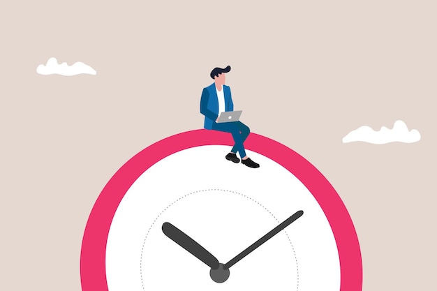 Empresario sentado en relojes organizando tareas de planificación de tiempo y programación Concepto de autoorganización efectiva y control de gestión