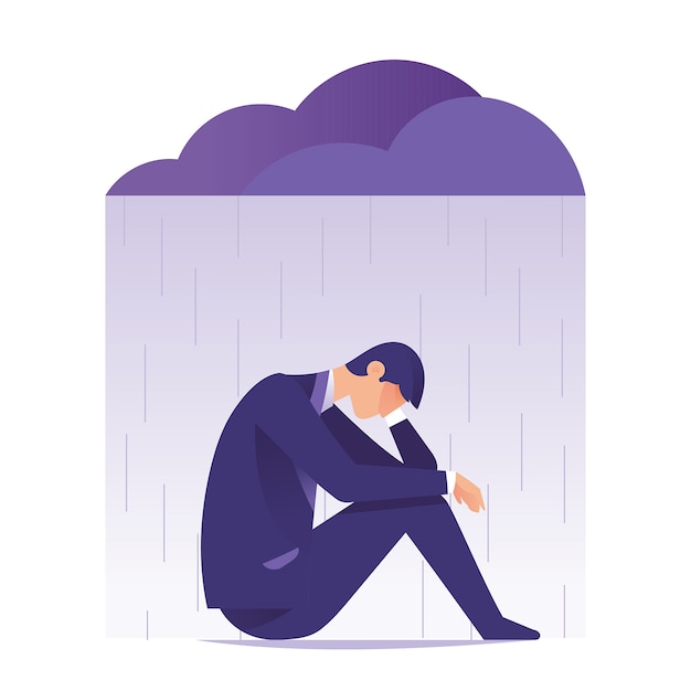 Vector empresario sentirse triste y deprimido sentado bajo la lluvia y las nubes
