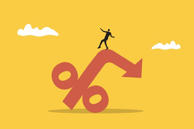 Empresario en el signo de porcentaje con el concepto de caída de la inflación o la tasa de interés cayendo disminución de las ganancias caída en la recesión económica