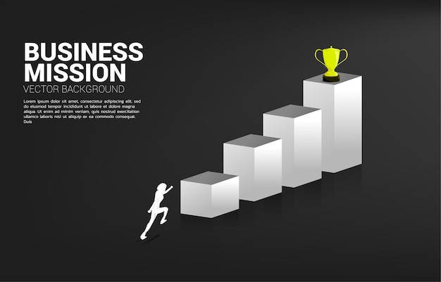 Empresario de silueta corriendo para obtener el trofeo en la parte superior del gráfico. concepto de negocio de meta y misión de visión