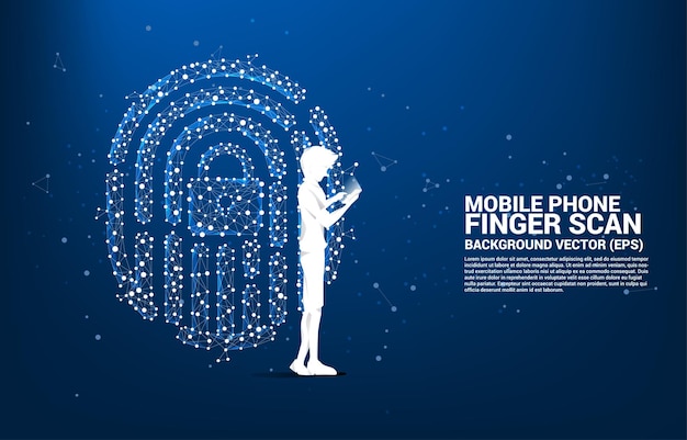 Empresario de silueta con teléfono móvil de pie con el icono de huella digital del polígono de línea de conexión de puntos. concepto de fondo para la tecnología de escaneo digital y el acceso a la privacidad.