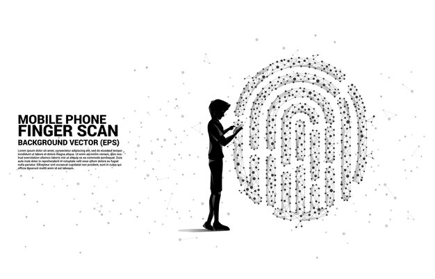 Empresario de silueta con teléfono móvil de pie con icono de huella digital del polígono de línea de conexión de puntos.