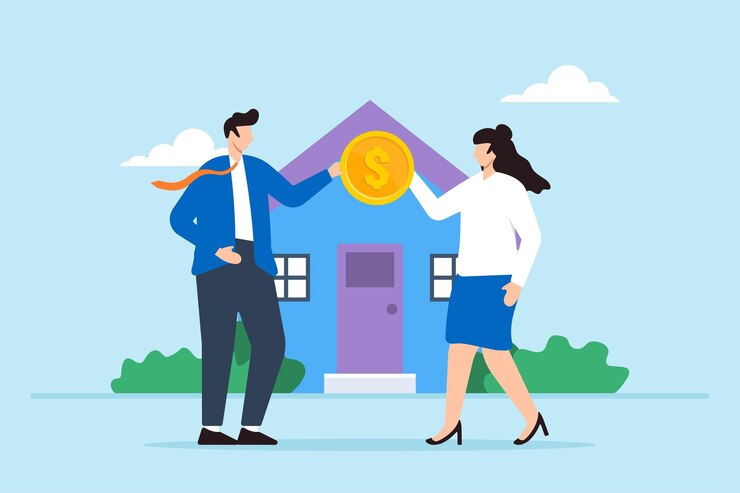 Vector empresario sobre una moneda de un dólar para un nuevo propietario que ilustra el pago inicial para la compra de una casa