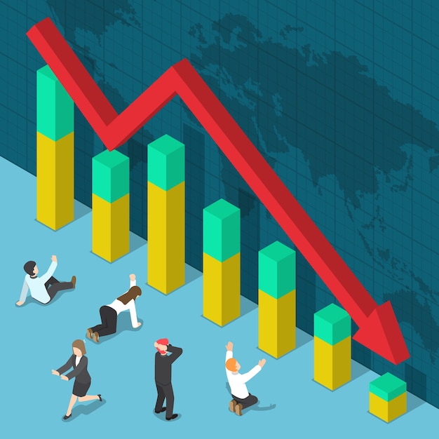 Empresario sorprendido cuando el gráfico de negocios se cae, la crisis empresarial y el concepto de quiebra