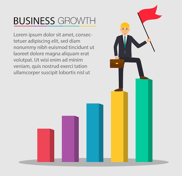 Empresario sosteniendo una bandera en la parte superior del gráfico de columna. concepto de negocio de los objetivos, el éxito