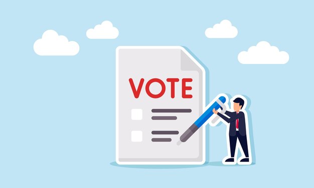 Empresario sosteniendo un bolígrafo junto a un papel de votación ilustración de opciones de elección para tomar una decisión justa