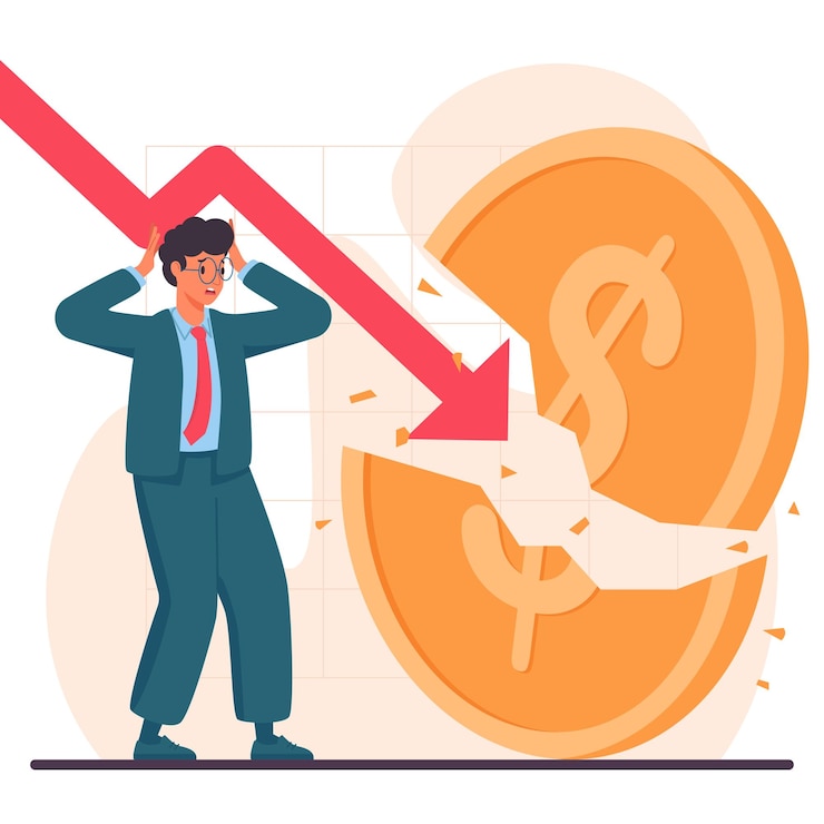 Vector empresario sosteniendo la cabeza mareada debido a la pérdida crisis financiera recesión económica