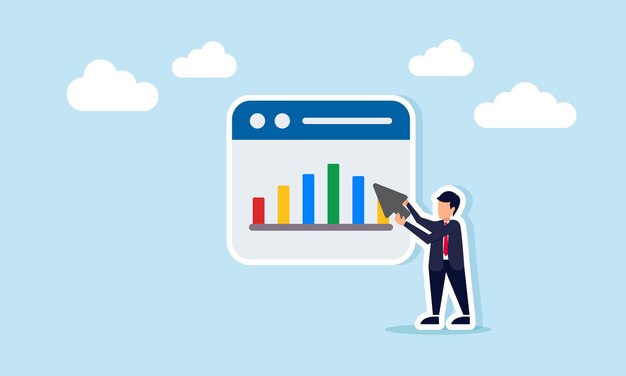 Empresario sosteniendo un cursor que señala una aplicación que muestra una ilustración de gráfico de monitoreo y análisis de visualización de datos de rendimiento empresarial