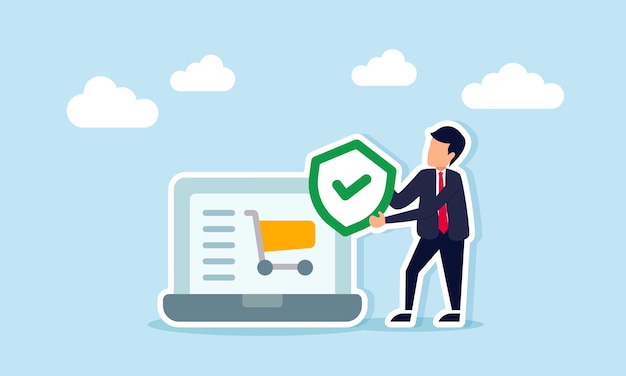 Empresario sosteniendo un escudo con una marca de comprobación al lado de una computadora portátil que muestra el icono del carrito de compras que representa el seguro de compras en línea
