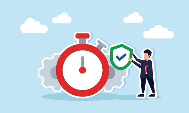 Empresario sosteniendo un escudo con una marca de comprobación junto al cronómetro y los engranajes Ilustración de la finalización del proyecto de negocios de acuerdo con la línea de tiempo