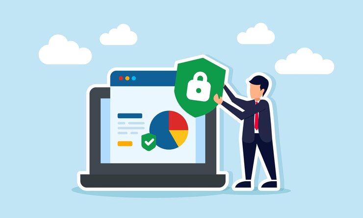 Vector empresario sosteniendo un escudo con símbolo de bloqueo al lado de una computadora portátil que muestra un gráfico circular que ilustra la seguridad de datos digitales corporativos