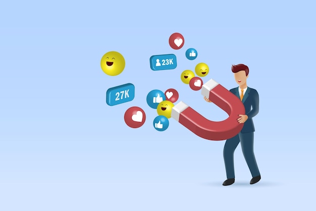 Empresario sosteniendo imán atrayendo amor como icono y seguidores Atracción de marketing en redes sociales