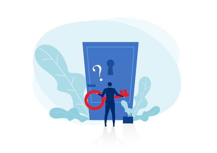 Vector empresario sosteniendo la llave con gran signo de interrogación para desbloquear la resolución de la puerta apertura de la mente concepto concepto ilustración diseño plano. aislado sobre fondo blanco