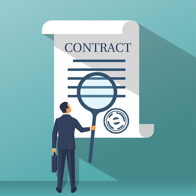 Empresario sosteniendo una lupa, estudiando los términos del acuerdo. Firma de documento comercial. Inspección de papel legal. Trato exitoso. Diseño plano de ilustración vectorial. Aislado en el fondo.