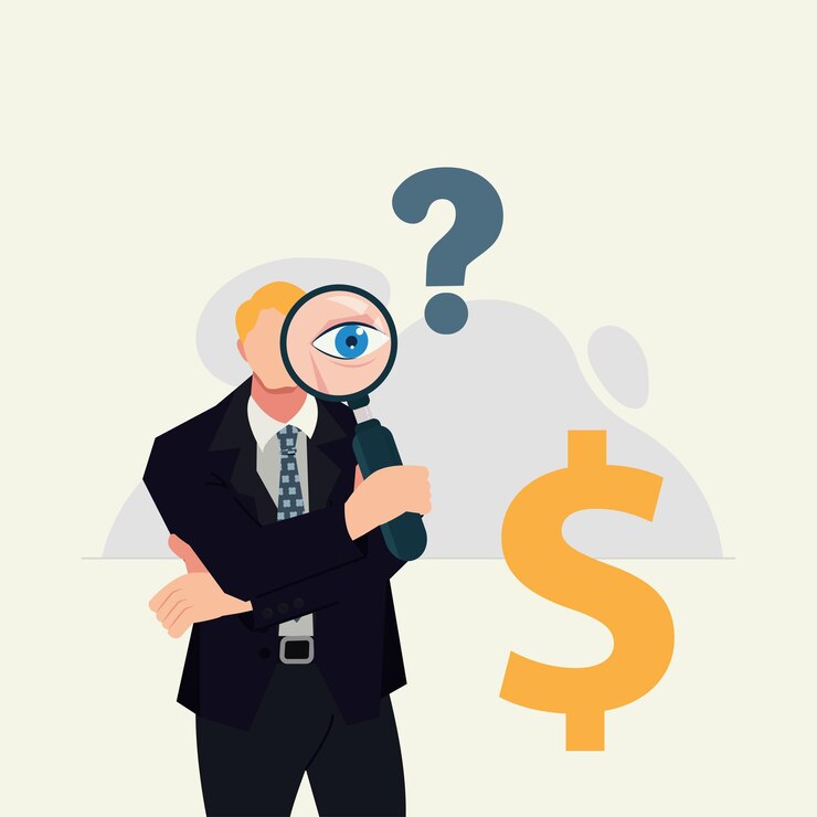 Vector empresario sosteniendo una lupa y mirando a través de una ilustración de vector de símbolo de dinero