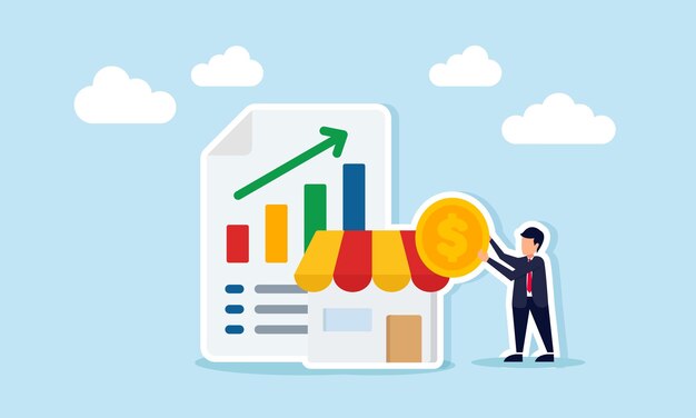 Empresario sosteniendo una moneda de un dólar al lado de la tienda y papel con ilustración de datos gráficos de obtener ganancias del aumento de las ventas comerciales en el mercado