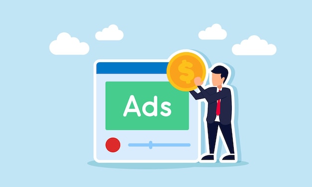 Empresario sosteniendo una moneda de un dólar frente a una interfaz de aplicación etiquetada como ADS Ilustración de ganancias de la optimización de colocaciones publicitarias comerciales