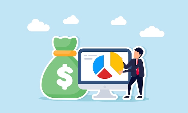 Empresario sosteniendo parte de un gráfico de pastel de un monitor junto a un saco de dinero ilustración de la distribución de dividendos o la acumulación de porcentaje de participación empresarial