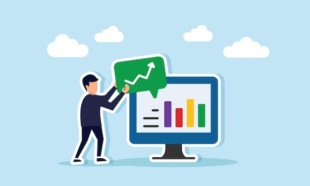 Empresario sosteniendo un signo de gráfico ascendente cerca de un monitor con ilustración de gráfico de dar notas sobre el rendimiento empresarial positivo