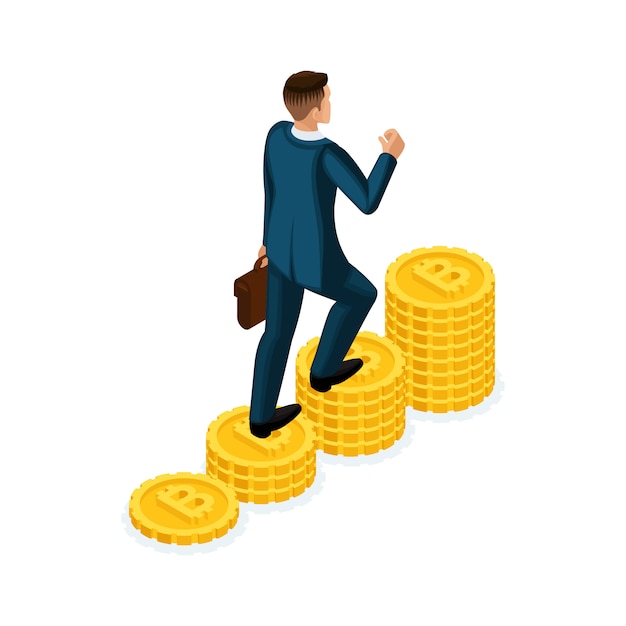 empresario sube una colina de monedas de oro Crypto Currency, ICO, Bitcoin, dólares, efectivo, sube, escalera de carrera