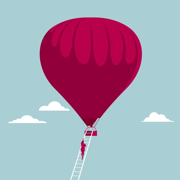 Empresario sube un globo aerostático usando una escalera. Aislado sobre fondo azul.