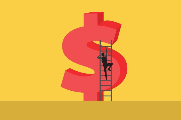 Empresario subiendo dólar ir a la parte superior precio de la bolsa subiendo en el mercado alcista