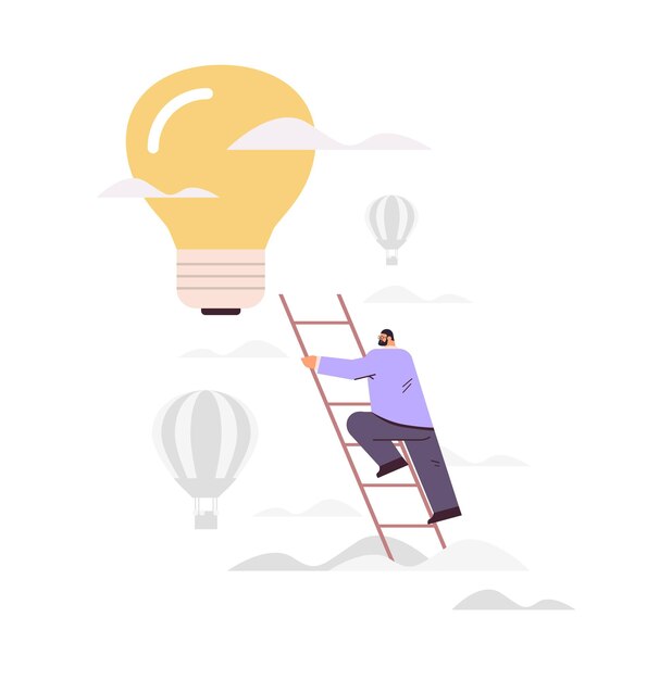 Empresario subiendo la escalera para encontrar lightbuld idea creativa inspiración imaginación nuevo concepto de oportunidad de proyecto innovador ilustración vectorial de longitud completa