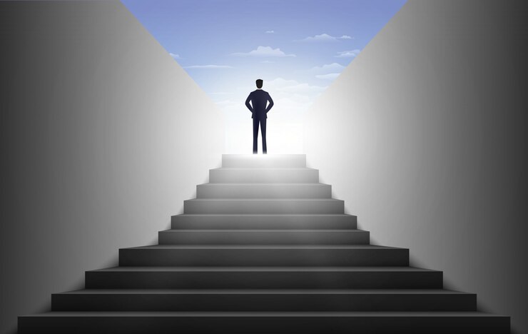 Vector empresario subir escaleras, concepto de ambiciones.
