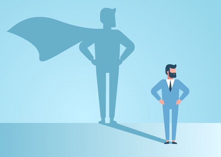 El empresario sueña con convertirse en un superhéroe. Hombre de negocios joven hermoso confiado que coloca la ilustración del concepto de la sombra del superhéroe