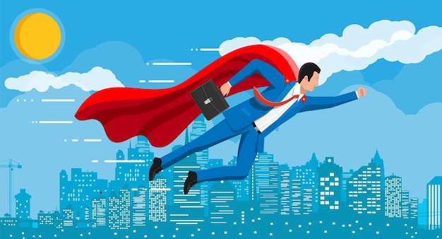 Empresario de superhéroe volando sobre el paisaje urbano en el cielo. Hombre de negocios con traje y manto rojo. El establecimiento de metas. Objetivo inteligente. Concepto de objetivo empresarial. Logro y éxito. Ilustración de vector de estilo plano