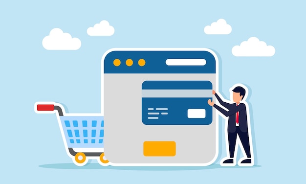 Empresario con tarjeta de crédito o débito cerca de la interfaz de la aplicación y la ilustración del carrito de compras del sistema de pago en línea y digital