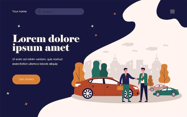 Empresario teniendo vehículo en coche compartido. automóvil, apretón de manos, alquilar ilustración vectorial plana. concepto de transporte y estilo de vida urbano para banner, diseño de sitio web o página web de destino