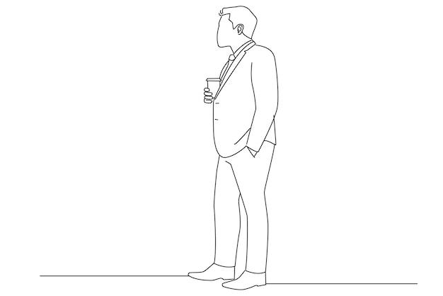 Empresario tomando un café y mirando el estilo de dibujo artístico de Oneline
