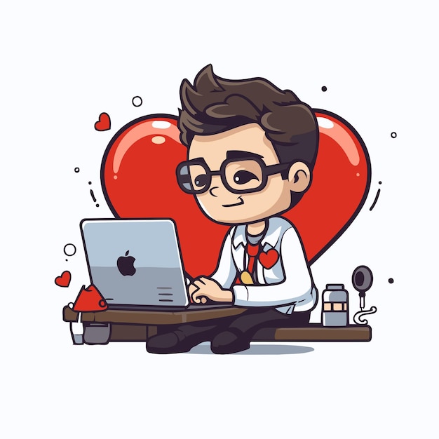 Empresario trabajando en una computadora portátil enamorado Ilustración vectorial al estilo de dibujos animados