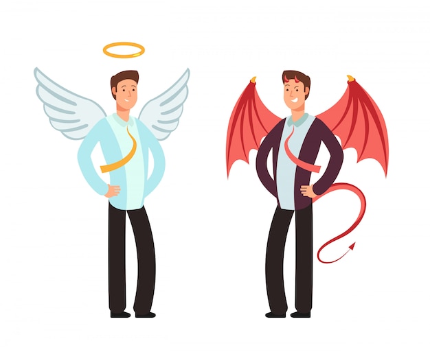 Empresario en traje de angel y demonio. Vector de personajes para el concepto de elección buena y mala manera