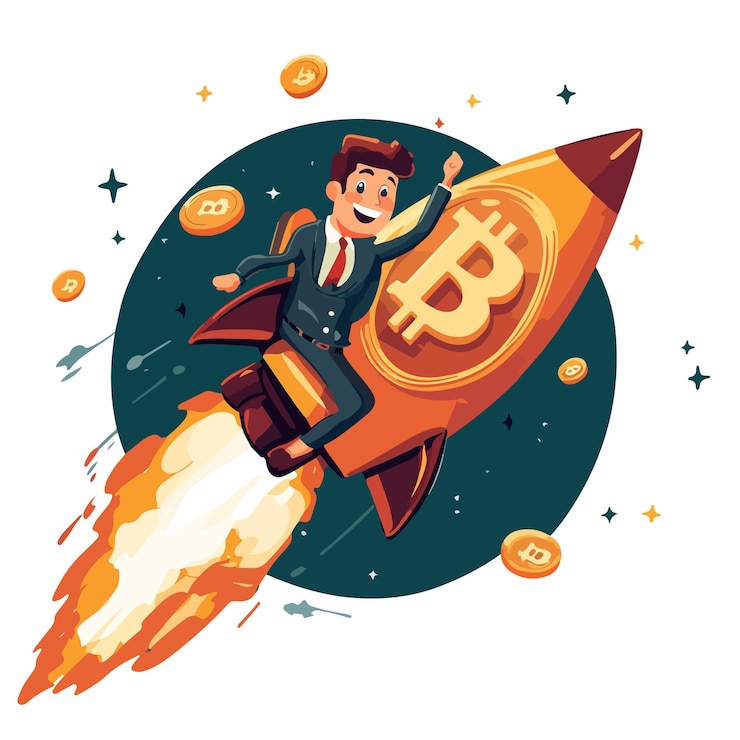 Vector empresario volando en un cohete con el concepto del símbolo de bitcoin