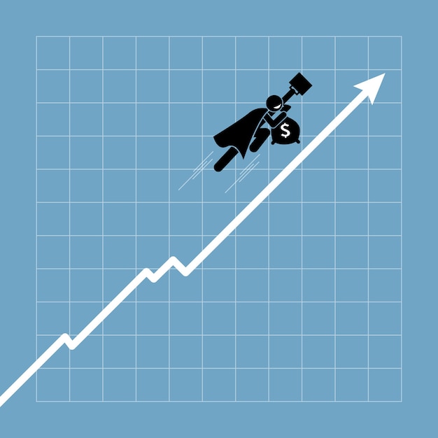 Empresario volando por encima del gráfico como tendencia alcista del gráfico.