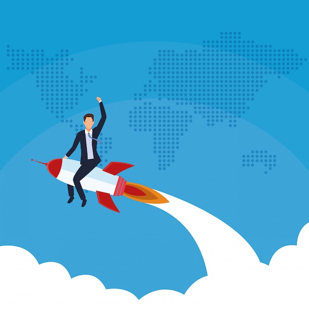 Empresario volando en el mundo de cohetes