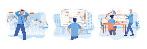 Los empresarios analizan los gráficos del mercado de valores, los indicadores y las gráficas de negociación