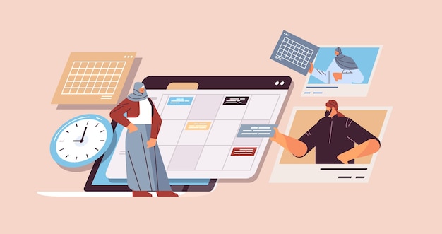 Empresarios árabes planificación día programación cita gestión del tiempo concepto de trabajo en equipo ilustración vectorial horizontal