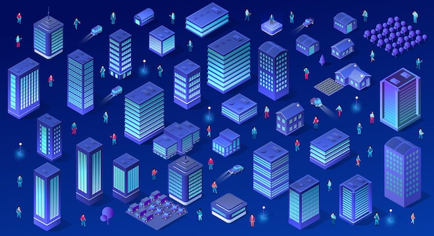 Empresarios caminando por la ciudad inteligente futurista con edificios modernos por la noche