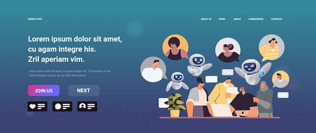 Empresarios con chatbost discutiendo durante la reunión chat burbuja comunicación sociedad multicultural inteligencia artificial