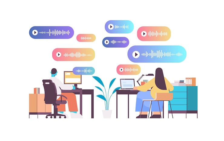 Vector los empresarios se comunican en mensajería instantánea mediante mensajes de voz, aplicación de chat de audio, medios sociales, concepto de comunicación en línea, ilustración vectorial horizontal de longitud completa