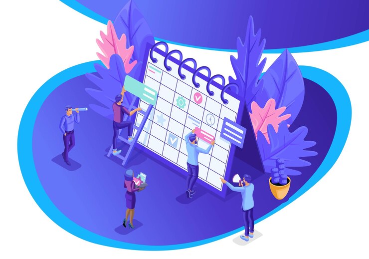 Vector los empresarios de concepto de diseño isométrico trabajan, programación de un sitio web, planificación empresarial, gestión del tiempo. ilustración vectorial