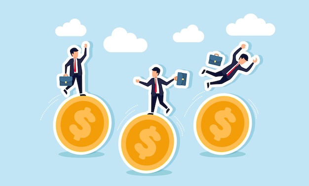 Empresarios equilibrando en monedas de dólar algunos resbalando